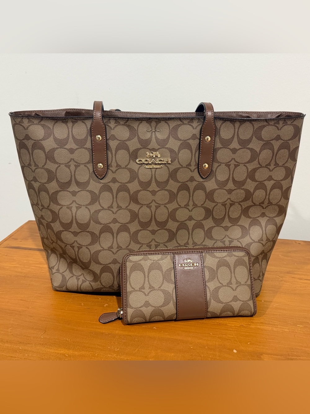Coach Brown Signature Canvas Tote with Wallet Set